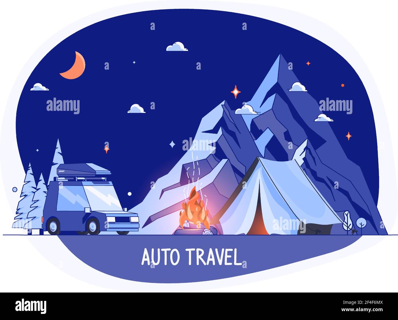 Car on Rocky Mountains Silhouette, Night Landscape. Planning Summer Vacations World Travel By Car Summer Holiday, Tourism, Vacation Theme Family Trip. People Travelling or Road Trip Concept Stock Vector