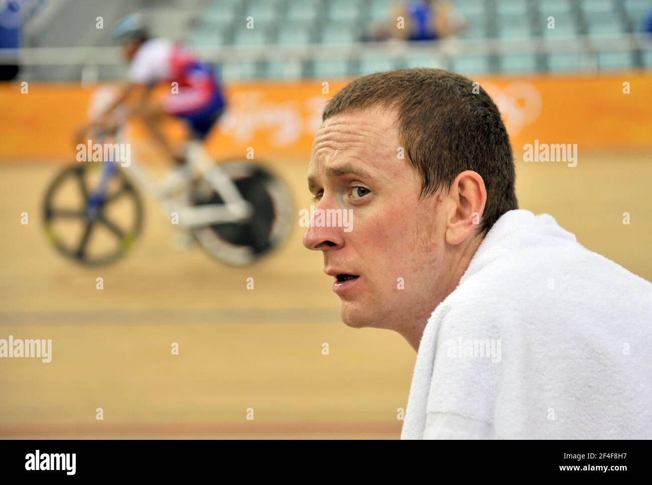 OLYMPIC GAMES BEIJING 2008.  GB CYCLING TEAM TRAINING IN THE LAOSHAN VELODROME. BRADLY WIGGINS AFTER TRAINING. PICTURE DAVID ASHDOWN Stock Photo