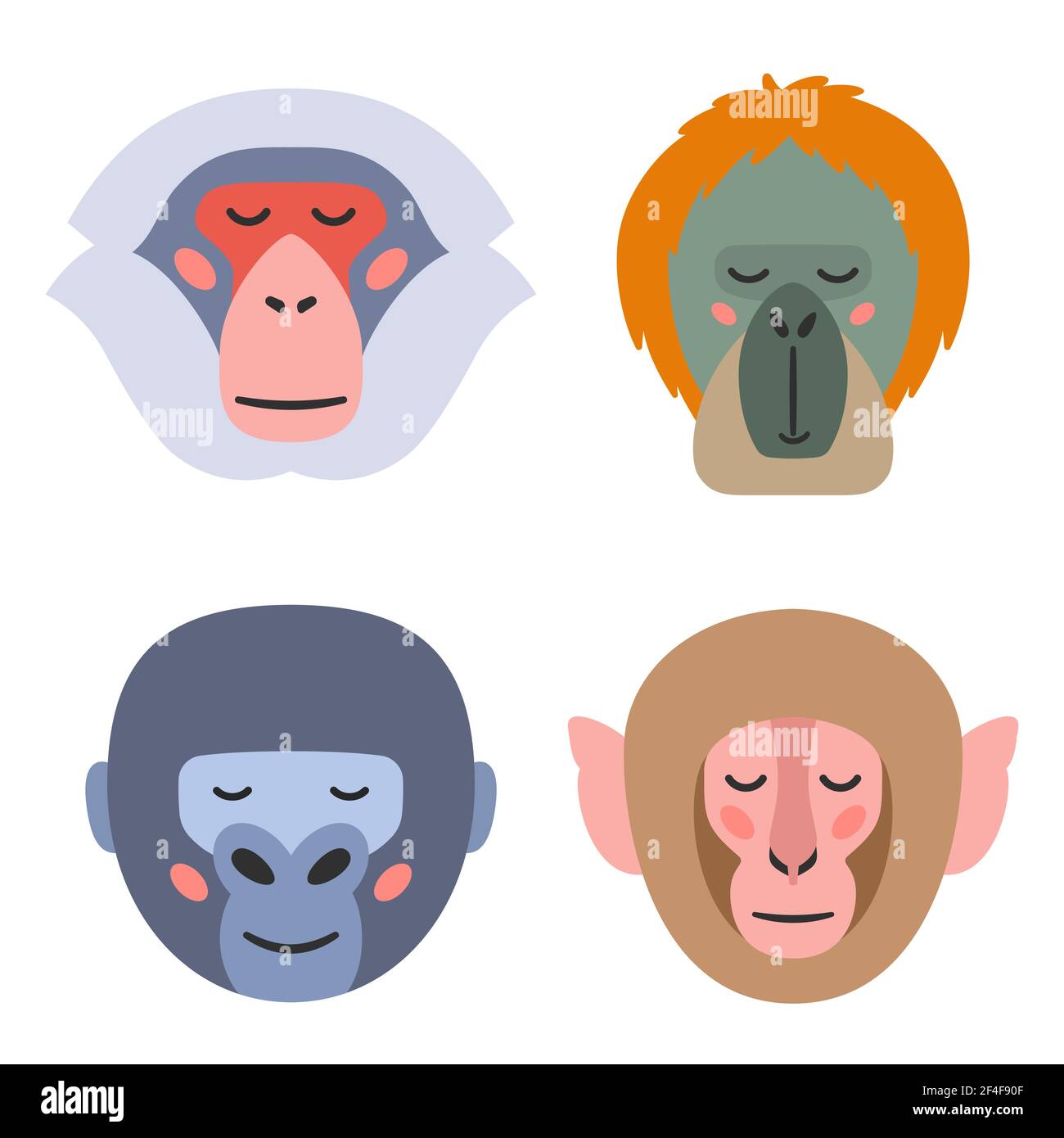 Vector illustration of heads of different types of monkeys with closed eyes on white background Stock Vector