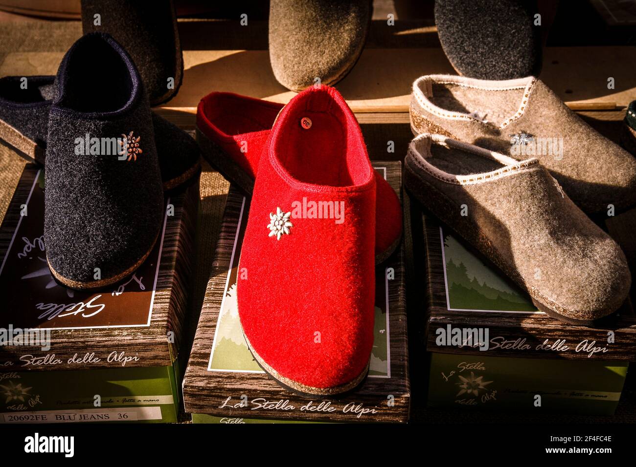 Italy Emilia Romagna Santarcangelo Fiera di san Martino - slippers in boiled wool from Trentino Stock Photo