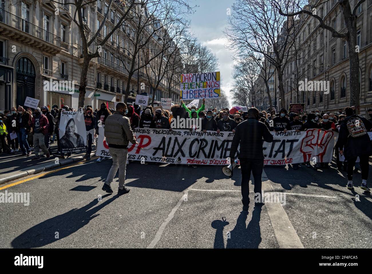 Paris, France. 20th March, 2021. Demonstration of families of victims of police violence, against the denial of human rights, impunity and justice Stock Photo