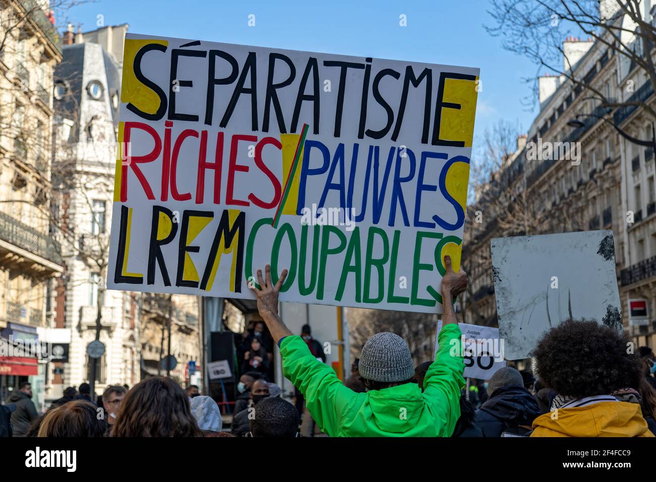 Paris, France. 20th March, 2021. Demonstration of families of victims of police violence, against the denial of human rights, impunity and justice Stock Photo