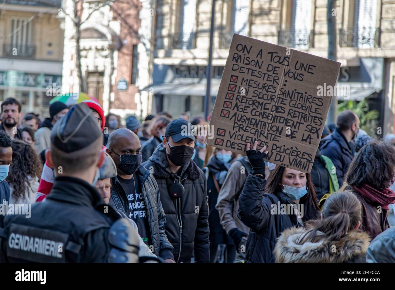 Paris, France. 20th March, 2021. Demonstration of families of victims of police violence, against the denial of human rights, impunity and justice Stock Photo