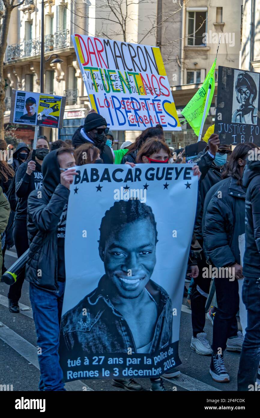 Paris, France. 20th March, 2021. Demonstration of families of victims of police violence, against the denial of human rights, impunity and justice Stock Photo