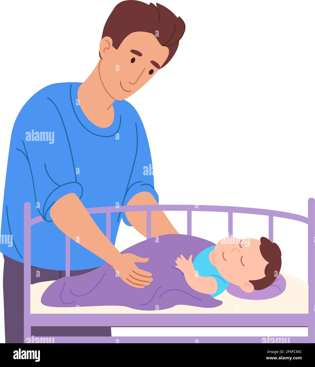 Dad puts the newborn to sleep.The father covers the child with a