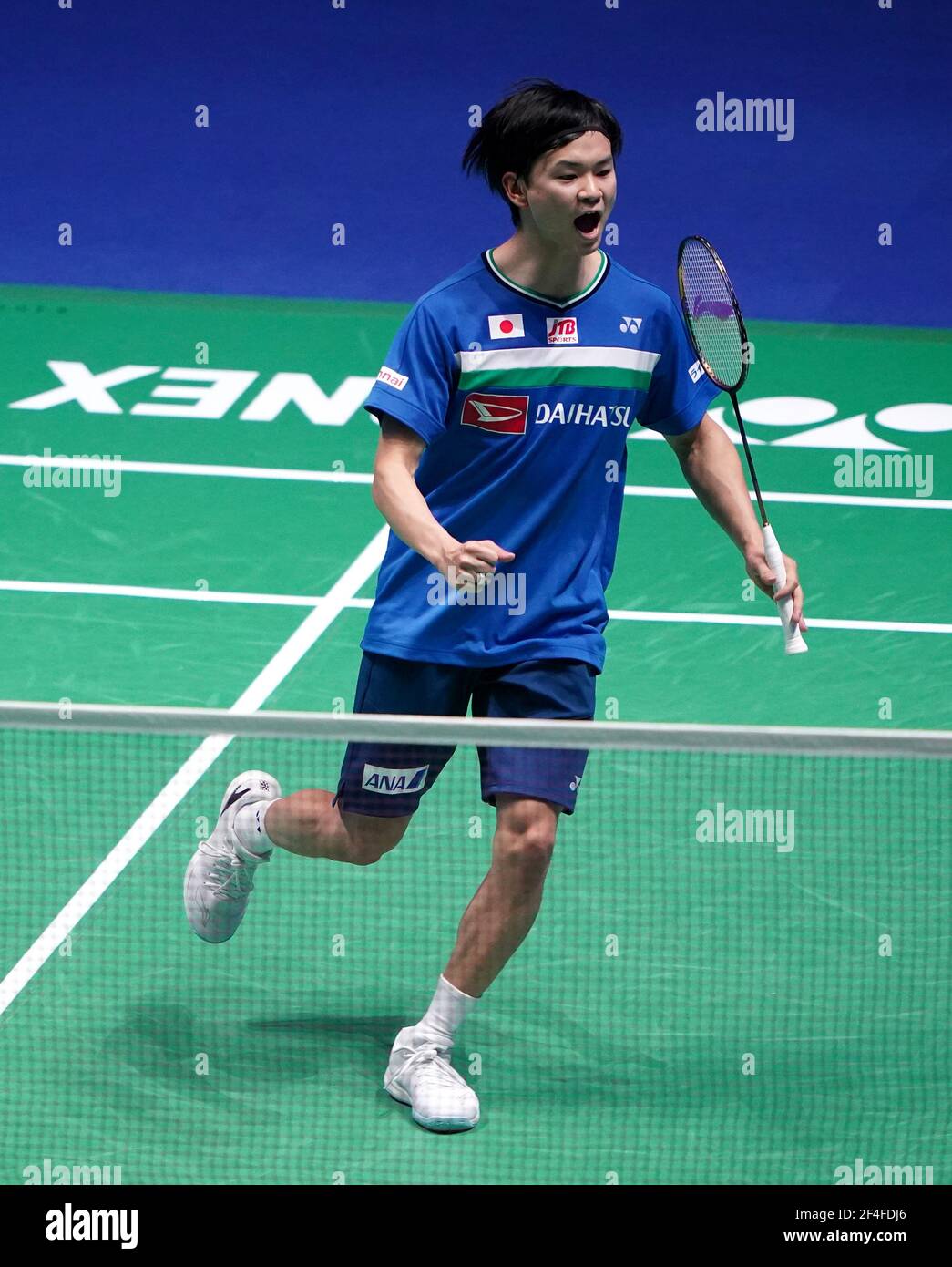Japan's Yuta Wantanbe celebrates during his mens doubles final against  Japan's Takeshi Kamura and Keigo Sonoda on day five of the YONEX All  England Open Badminton Championships at Utilita Arena Birmingham. Picture