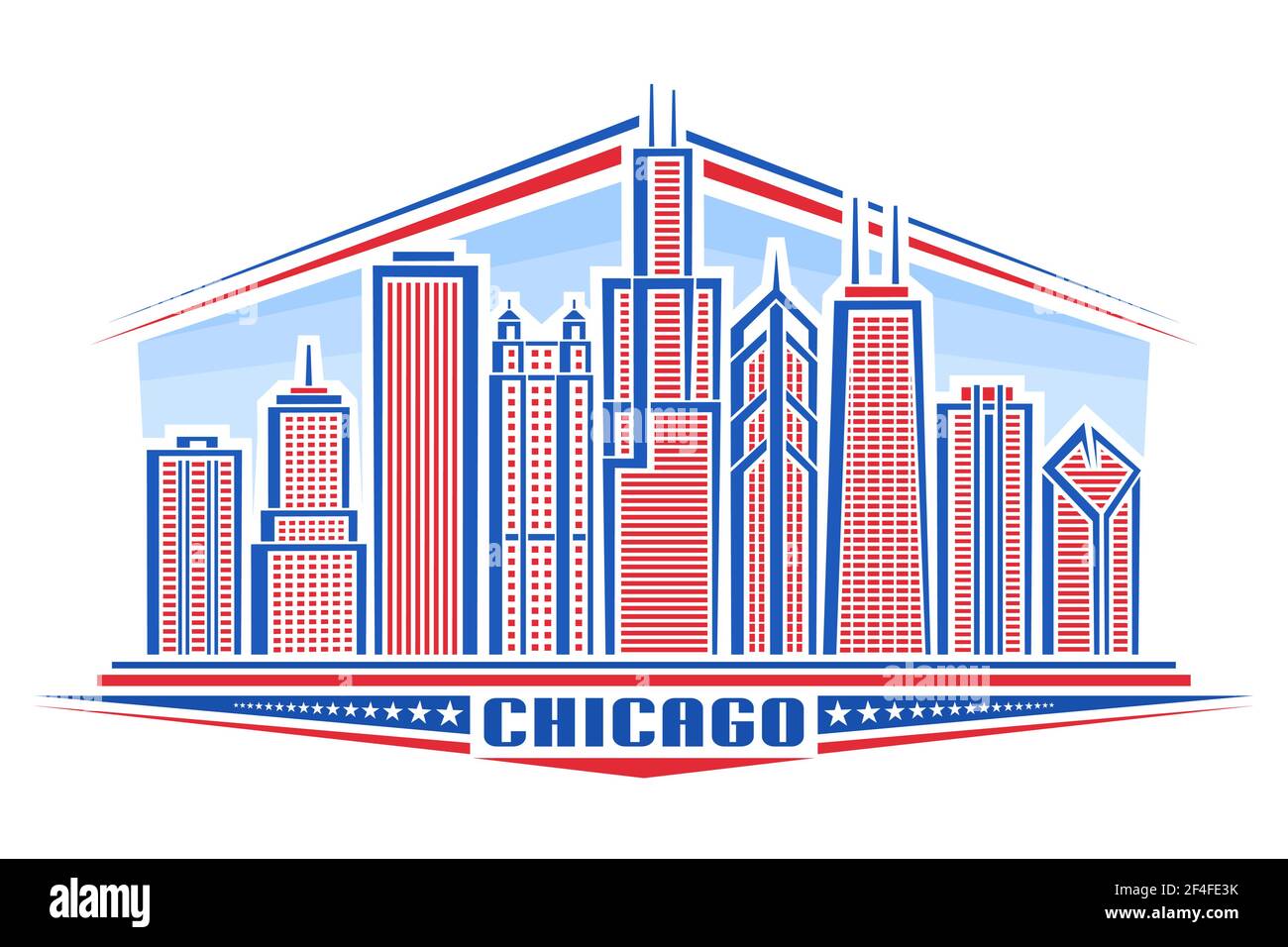 Vector illustration of Chicago City, horizontal poster with line art design chicago city scape on day background, modern panoramic concept with unique Stock Vector