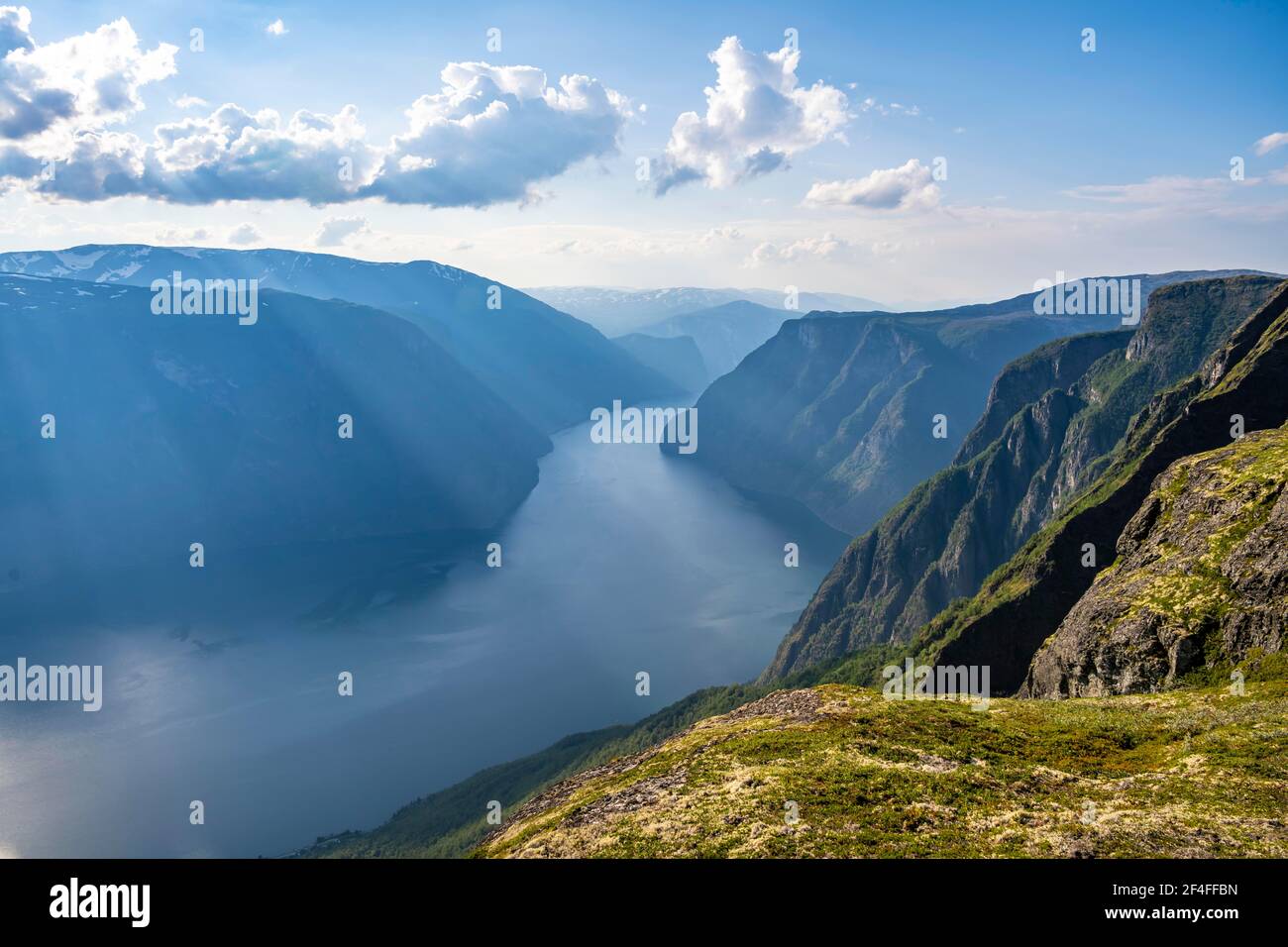 View from the top of the mountain Prest to fjord Aurlandsfjord, Aurland, Norway Stock Photo