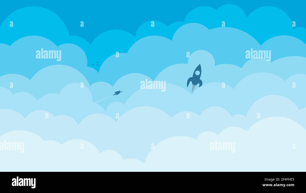 Cartoon clouds and rocket icon on blue sky vector illustration. Stock Vector