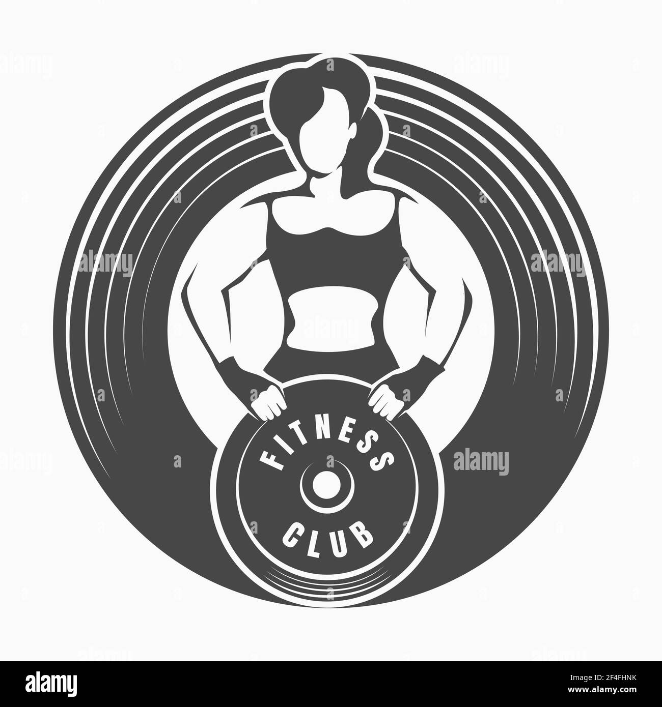 Fitness Logo or Emblem with Woman Holding Barbell Weight isolated on white. Vector illustration. Stock Vector
