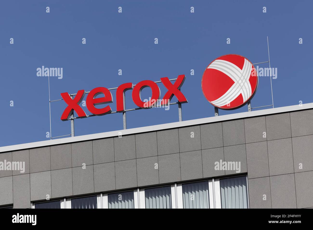 Xerox Corporation, logo on building, US office technology and services group, Neuss, North Rhine-Westphalia, Germany Stock Photo