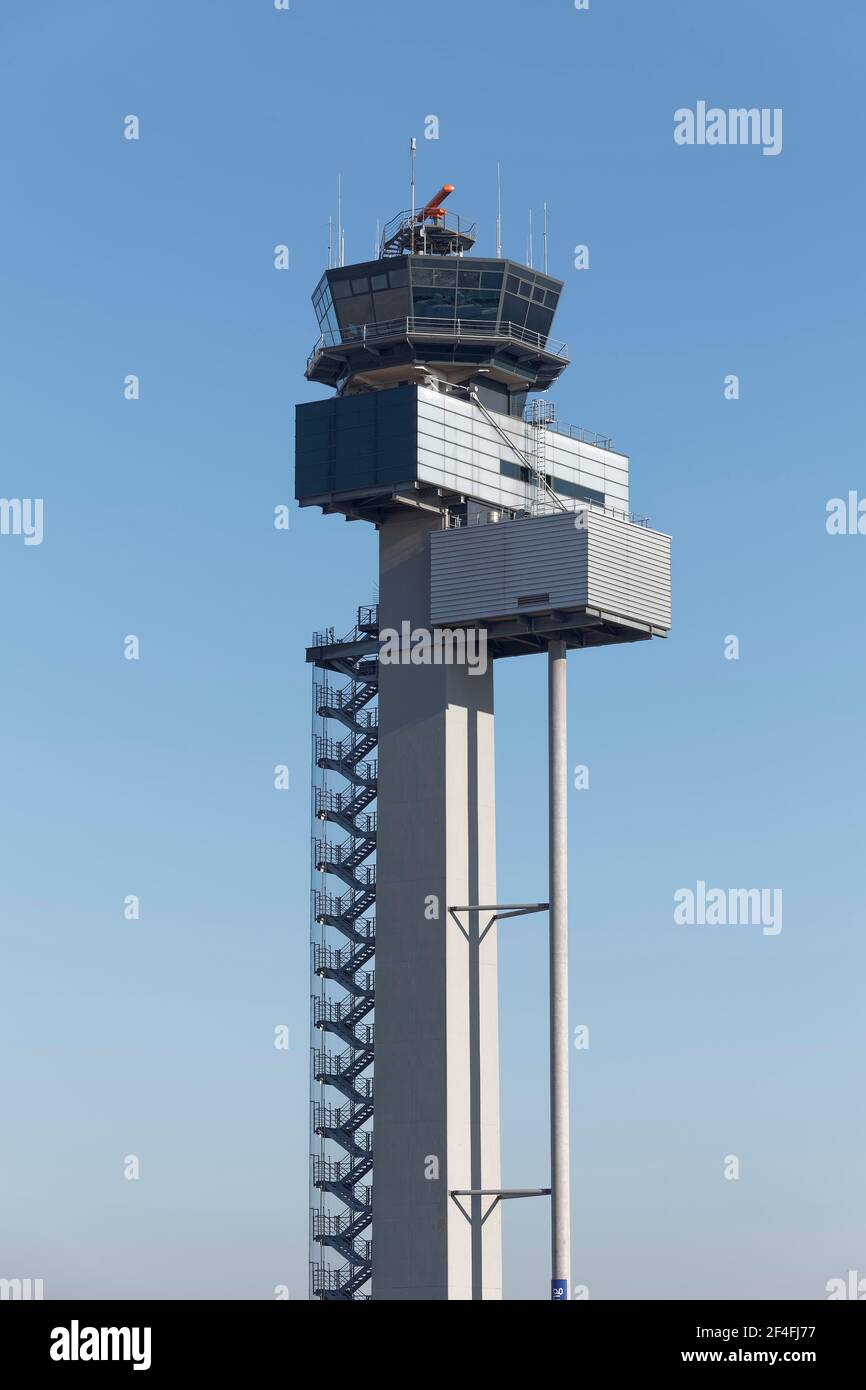 Air traffic control tower, Duesseldorf Airport, North Rhine-Westphalia, Germany Stock Photo