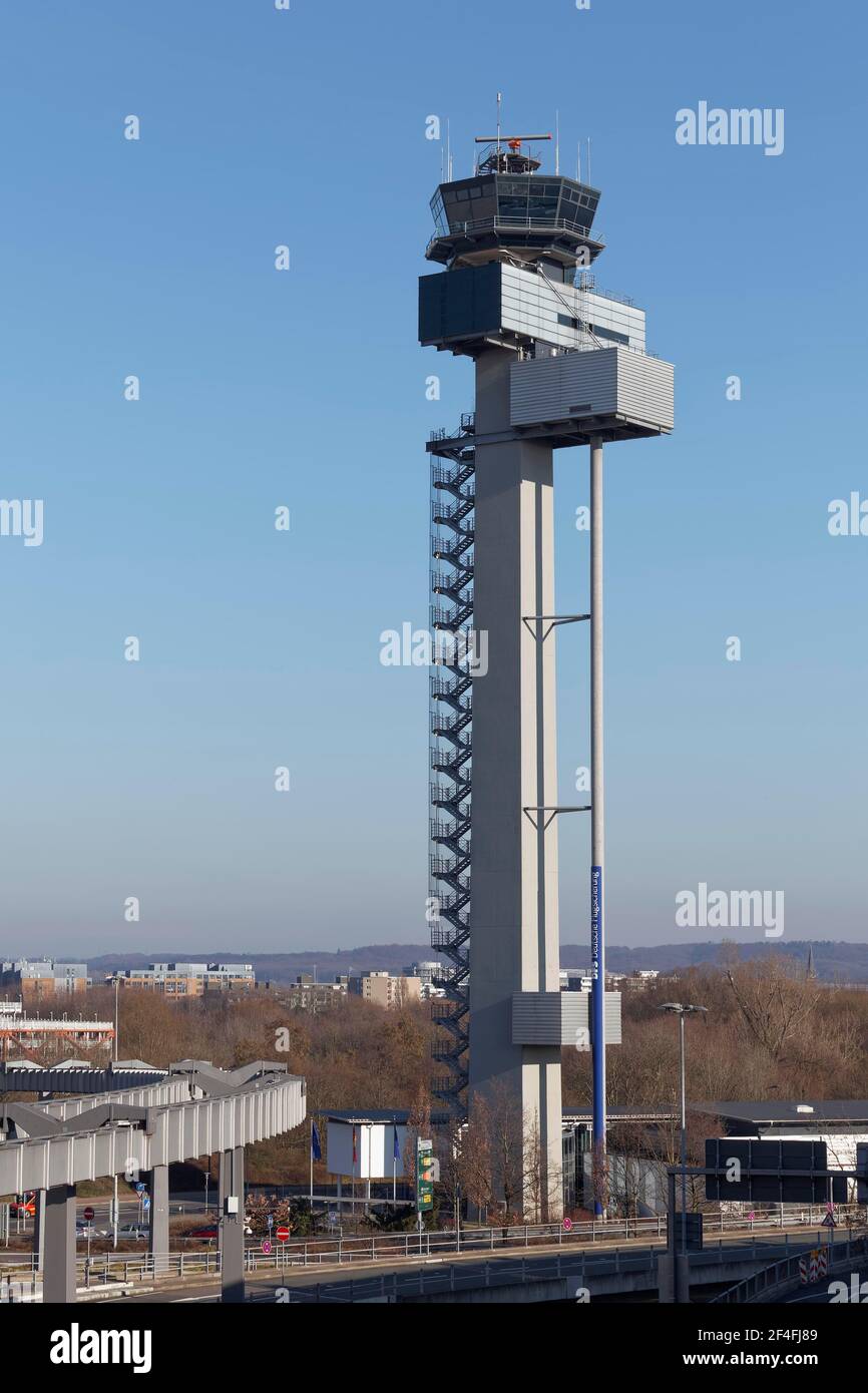 Air traffic control tower, Duesseldorf Airport, North Rhine-Westphalia, Germany Stock Photo