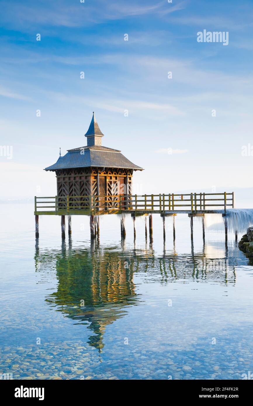 Iced bathhouse, Lake Neuchatel, Gorgier, Neuchatel, Switzerland Stock Photo