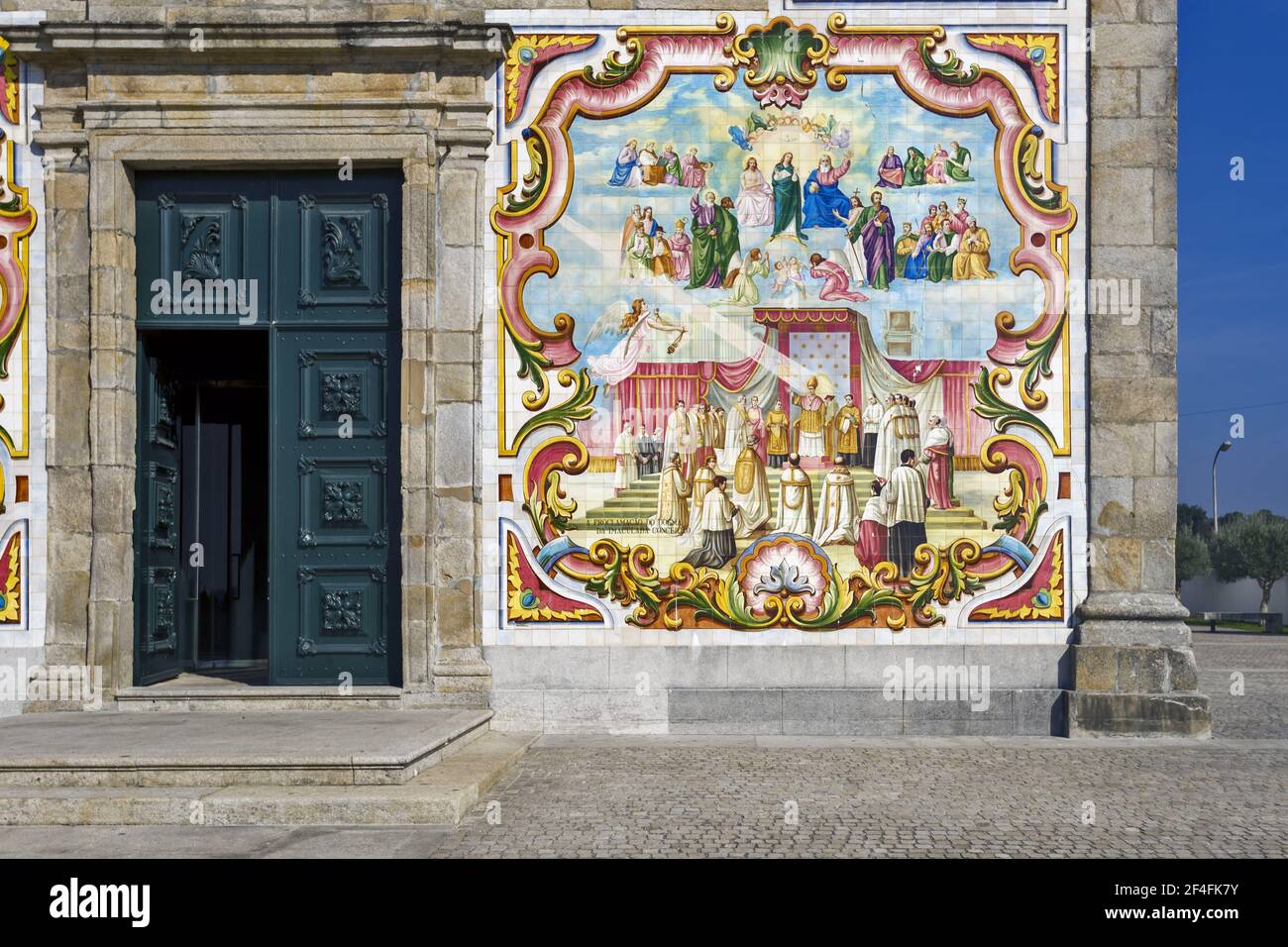 facade covered with azulejos of the Nossa Senhora do Amparo Church located in Valega, district of Aveiro, Portugal Stock Photo
