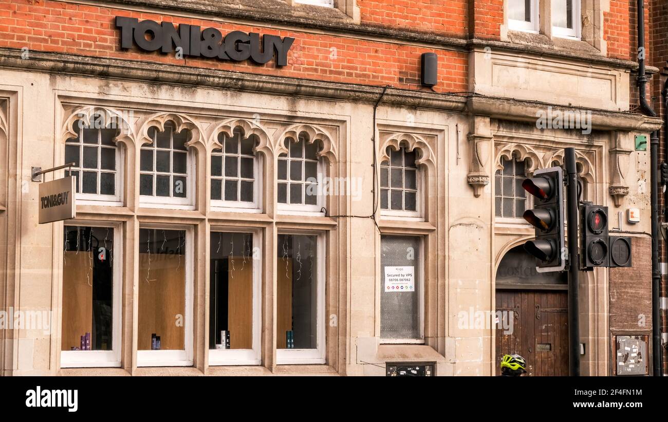 Epsom London UK, March21 2021, High Street Branch Of Toni And Guy Womens Hairdressers Salon Closed During Covid-19 Coronavirus Lockdown Stock Photo