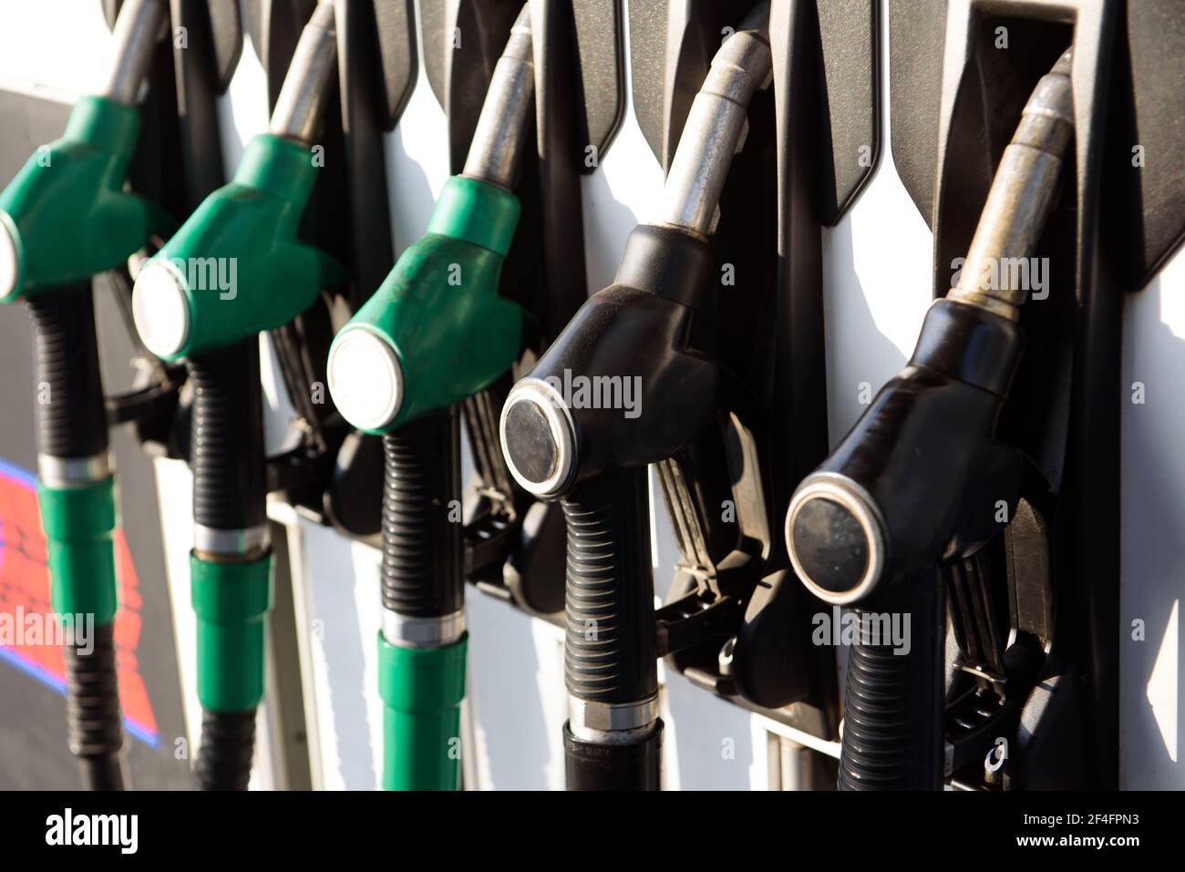 Green and yellow colorful fuel, gas station. Gas station in operation