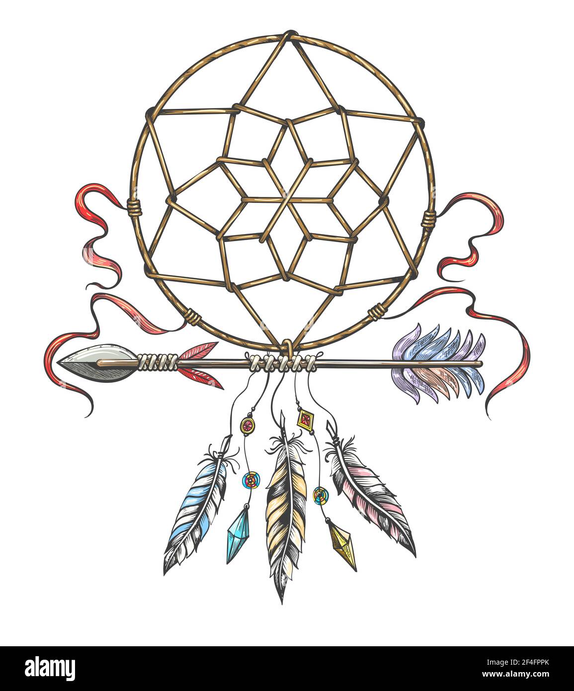 Hand drawn colorful  illustration of dream catcher and indian arrow. Tribal tattoo isolated on white. Vector illustration. Stock Vector