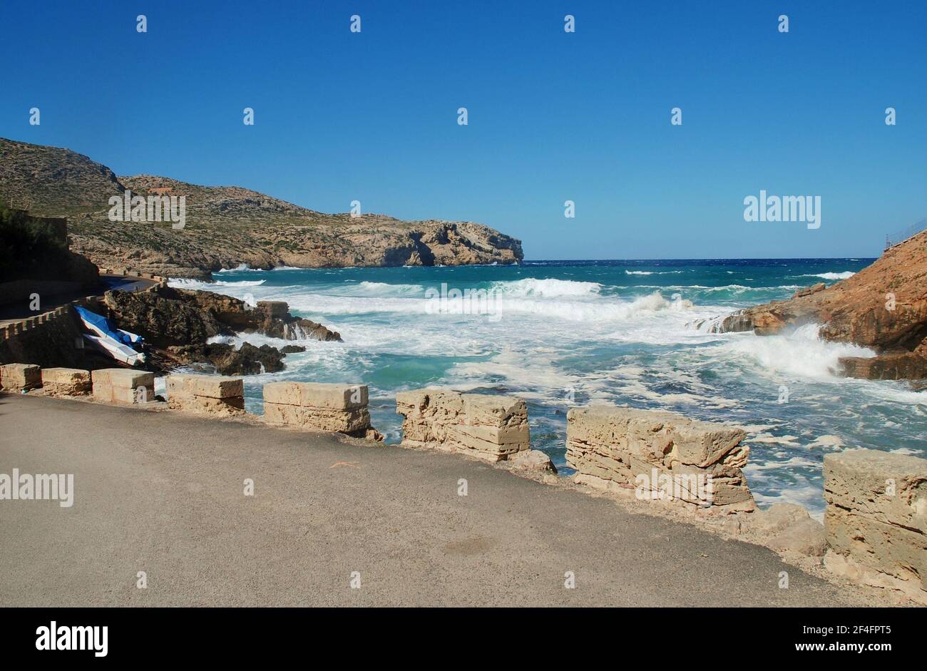Rough seas at Cala Carbo in Cala San Vicente on the Spanish island of Majorca. Stock Photo