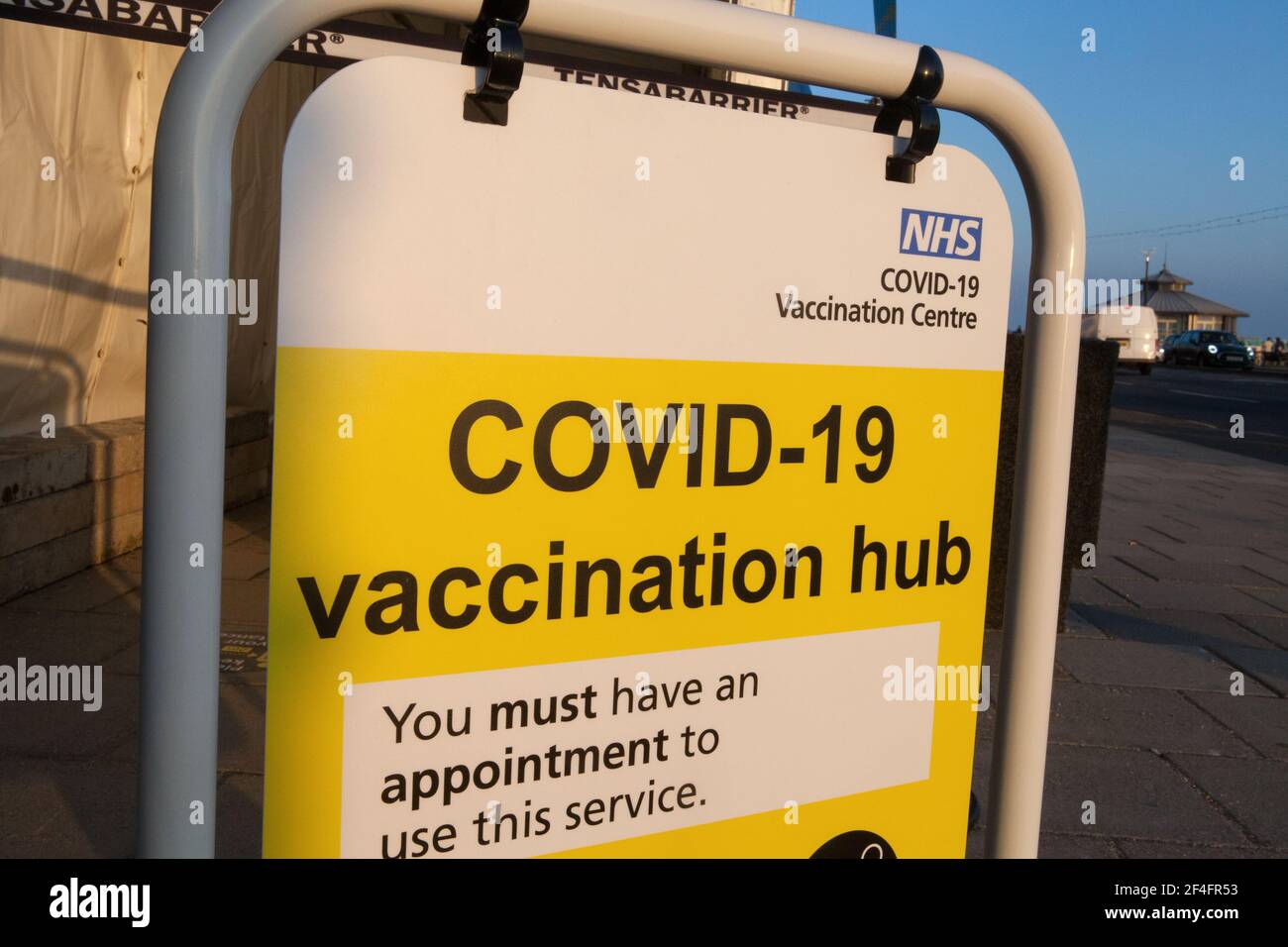 Sign for COVID-19 vaccination hub in Brighton, UK Stock Photo