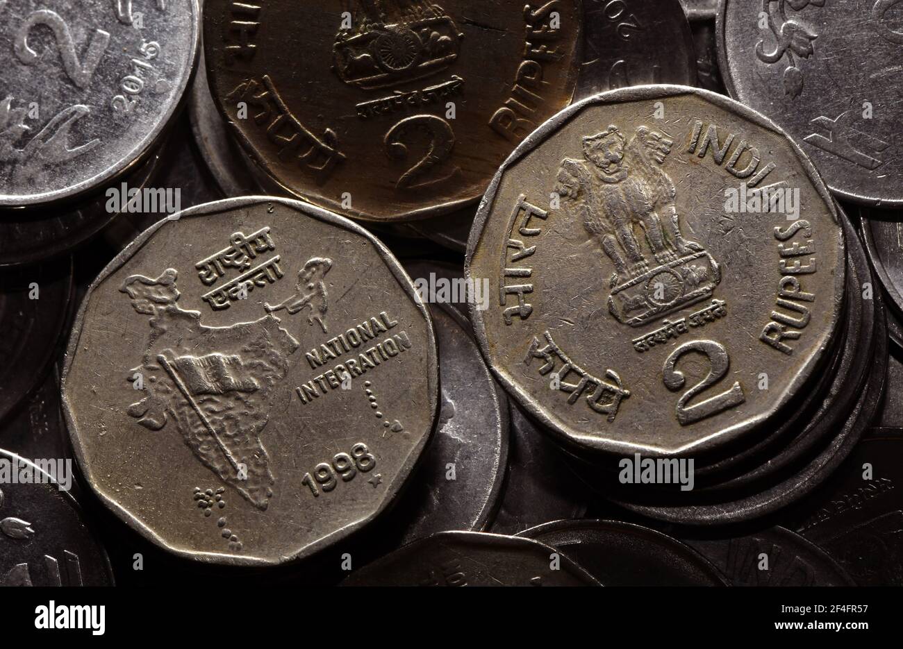 Indian coins images. Coins in India are presently being issued in denominations of one rupee, two rupees and five rupees,10 rupees. Stock Photo