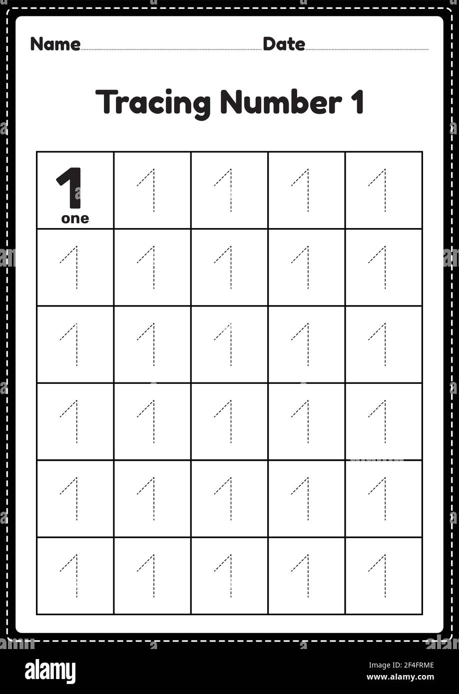 tracing number 1 worksheet for kindergarten and preschool kids for educational practice in a printable page stock vector image art alamy