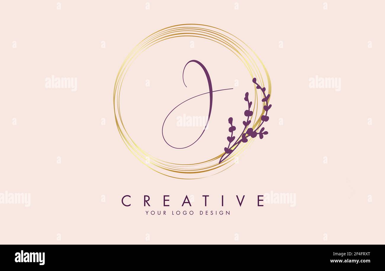 Handwritten J Letter logo design with golden circles and white leaves on branches around it. Vector Illustration with J letter for personal branding, Stock Vector
