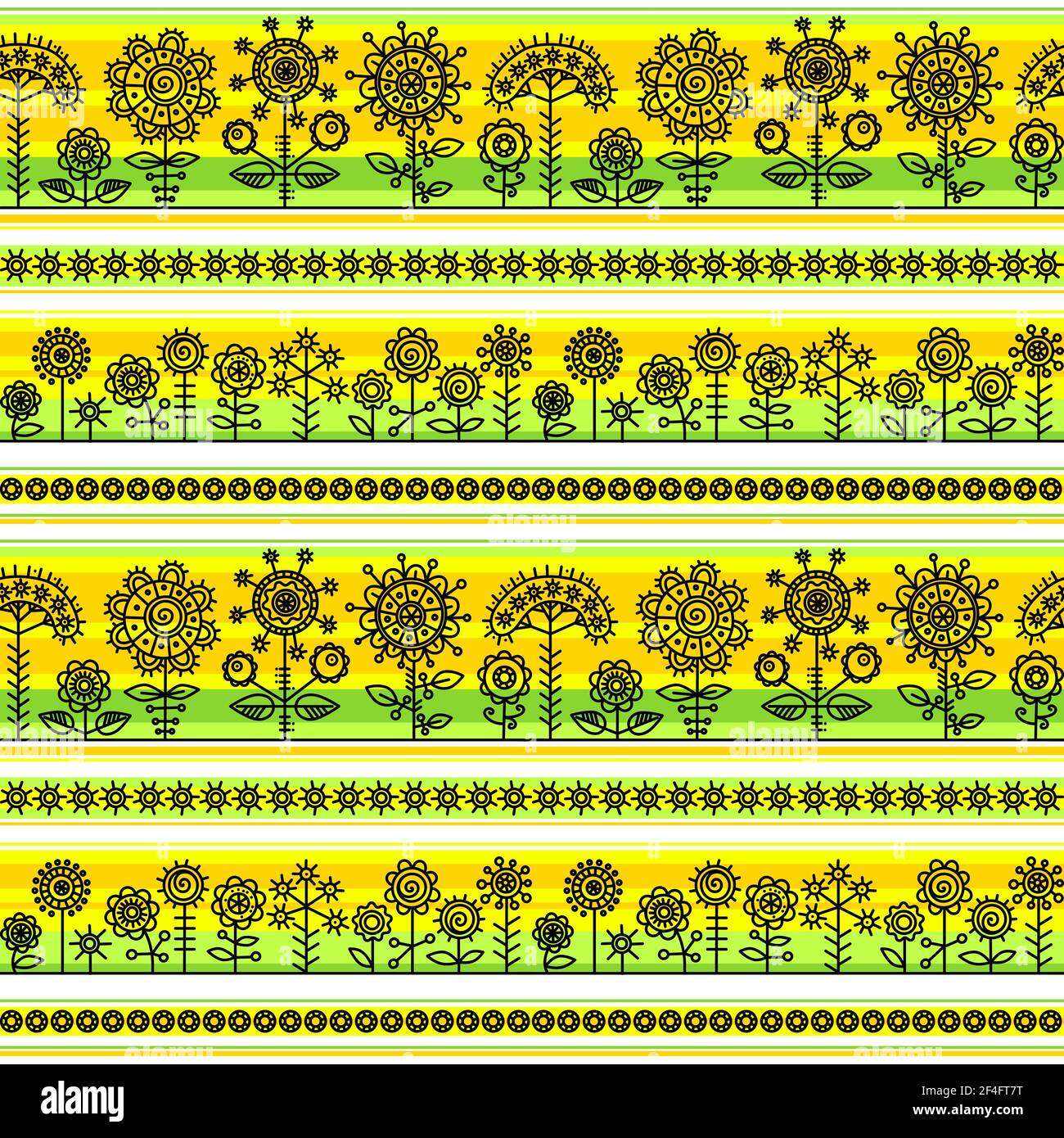 Seamless pattern with decorative flowers in spring colors. Decorative stylized flowers create openwork lace on yellow, green and orange stripes. Stock Vector