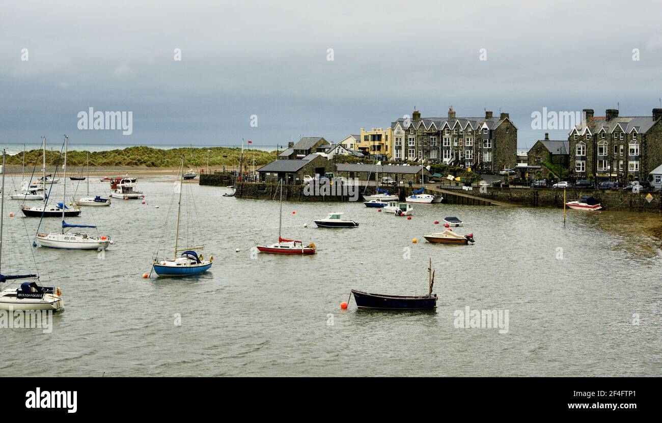 In the Welsh seaside town of Barmouth views of the harbour on a overcast summers day. Stock Photo