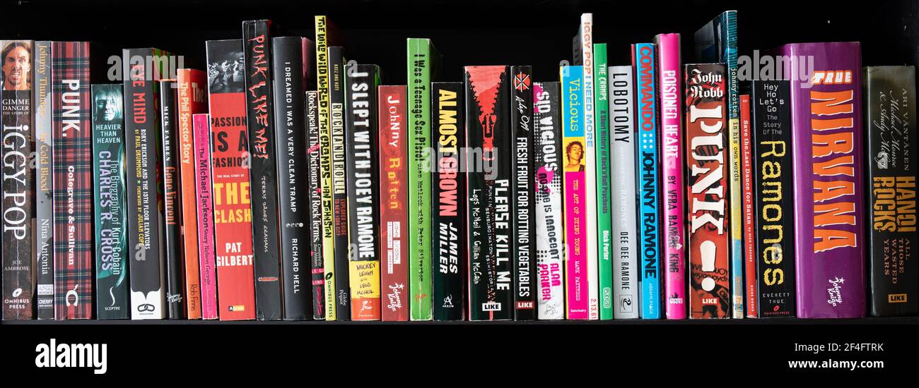 Row of music books, mainly about punk rock Stock Photo - Alamy