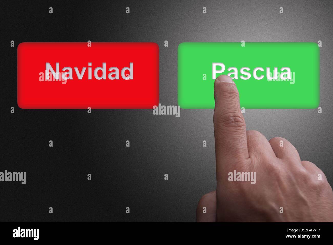 Finger Pushing Green Button With Easter Writing As Opposed To Red