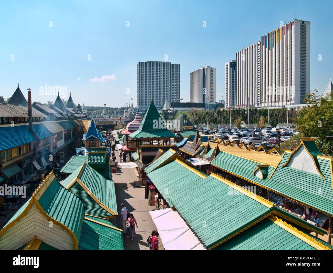 = Vernisazh Trade Rows =  View on trade rows of Vernisazh crafts market from pedestrian bridge connecting the trade area with wooden fortress, the Izm Stock Photo