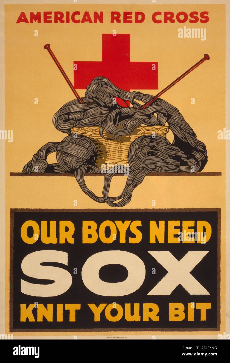 An american first world war recruitment poster asking for help in knitting socks for the American Red Cross Stock Photo