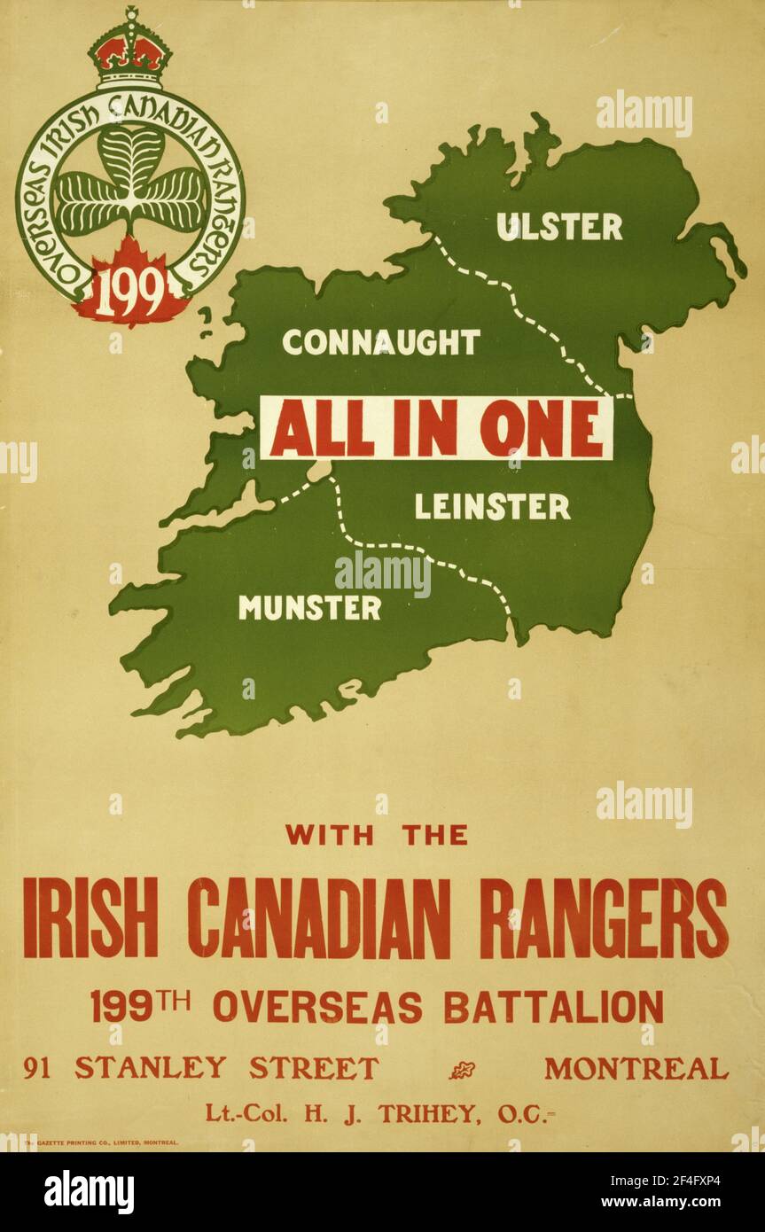 An american first world war recruitment poster for the Irish Canadian Rangers 119th Overseas Battalion Stock Photo