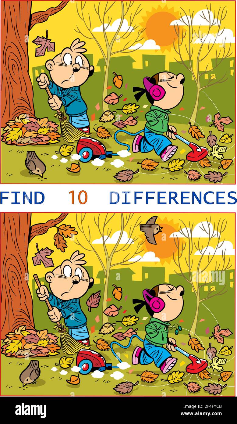 Illustration with a puzzle where you need to find ten differences in the pictures with children removing fallen leaves Stock Vector