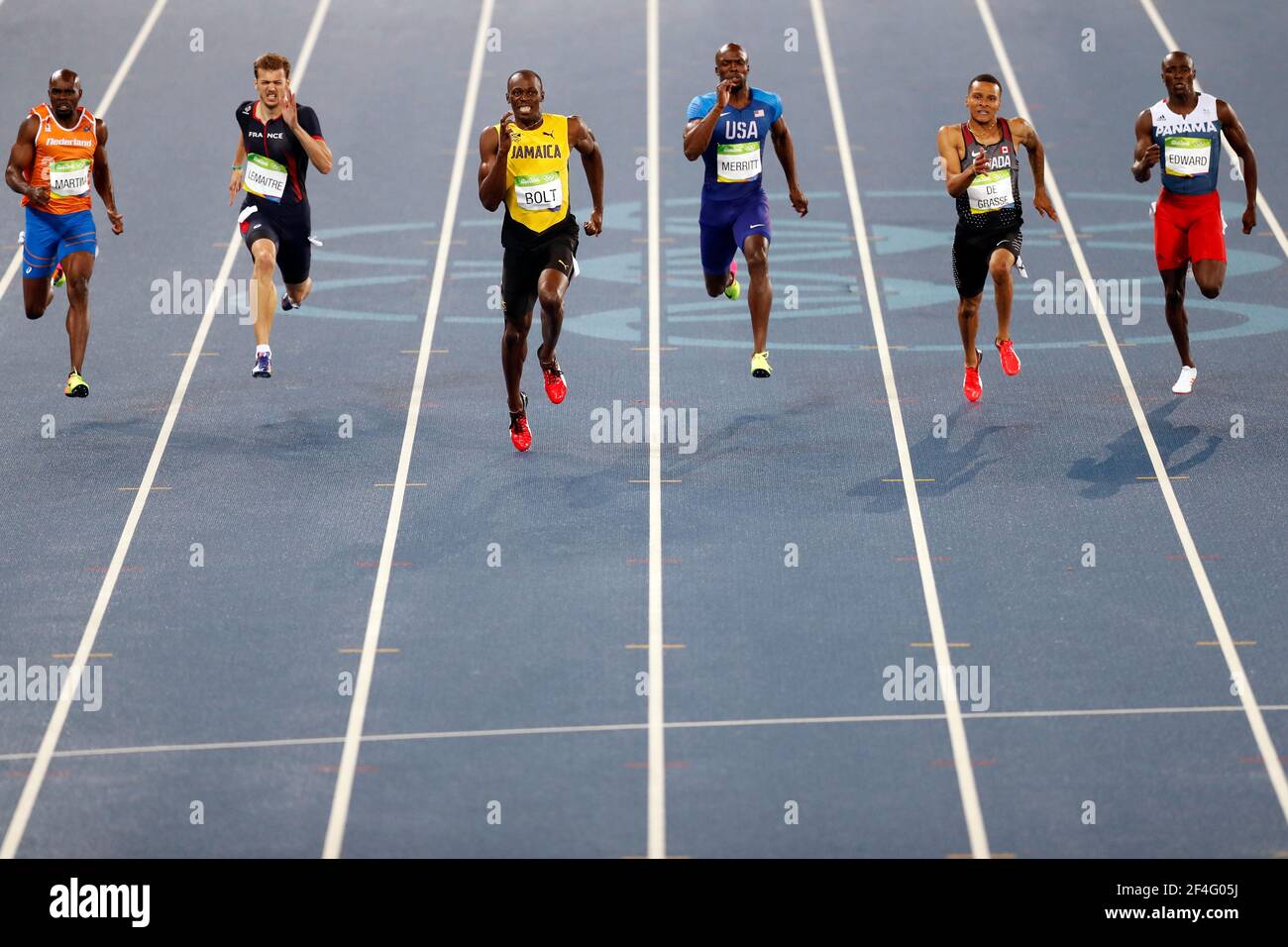 Usain Bolt of Jamaica running wins gold medal 200m sprint race Rio 2016