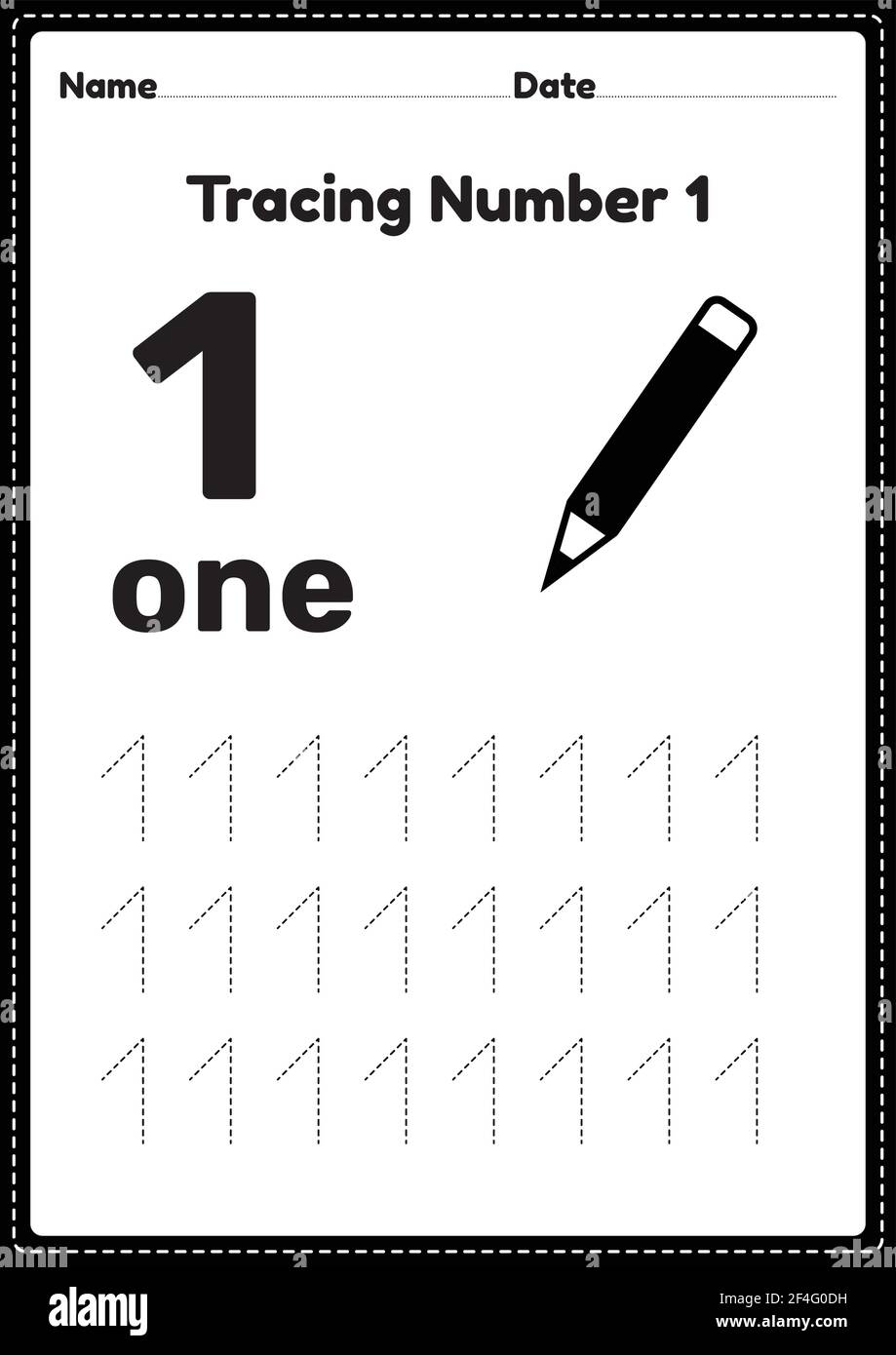 tracing number 1 worksheet for kindergarten and preschool kids for educational practice in a printable page stock vector image art alamy