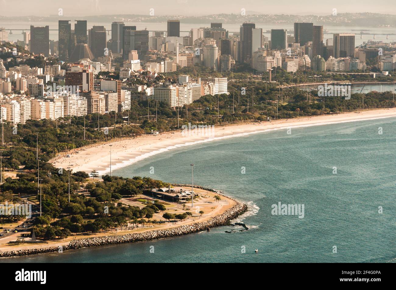 View of Aterro do Flamengo Park and Beach at Guanabara Bay and Rio de Janeiro City Downtown Stock Photo