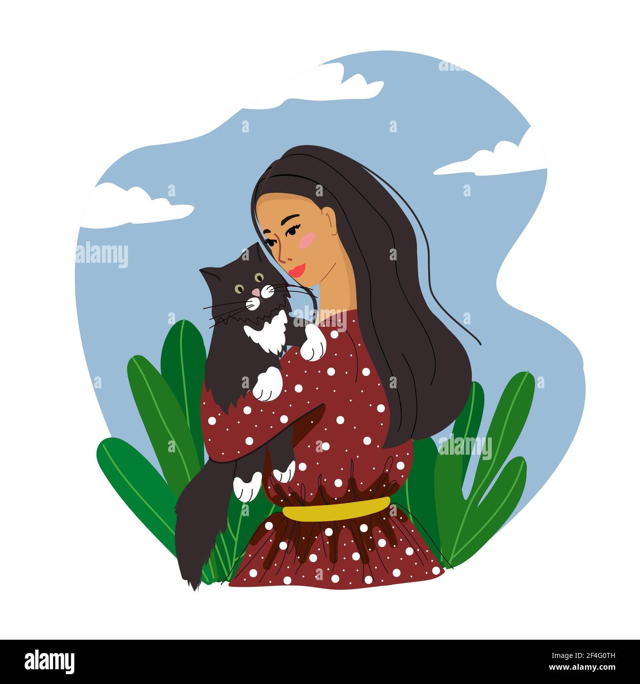 Happy pet owners, people and pets, cats, dogs, vector illustration in flat style. Stock Photo