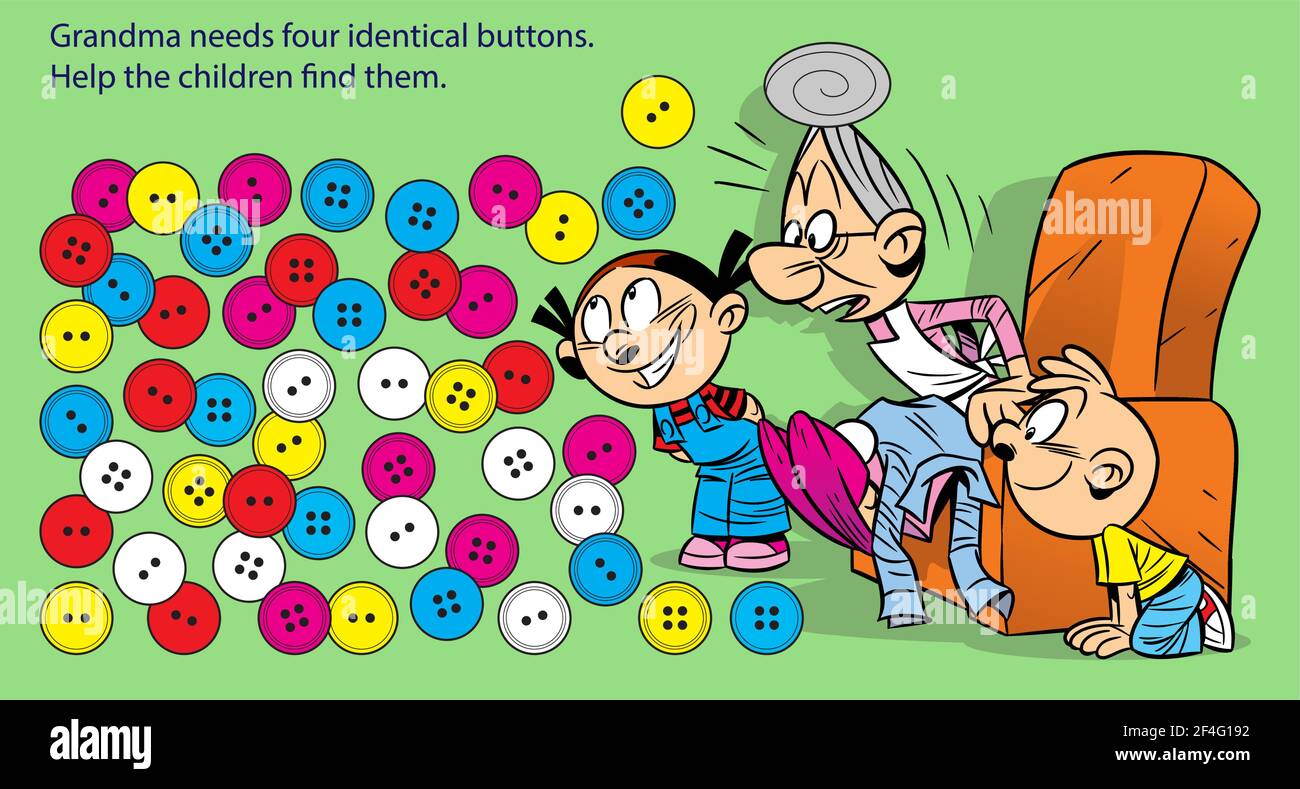 The vector illustration shows a puzzle in which the children have to help the grandmother to find four identical buttons Stock Vector