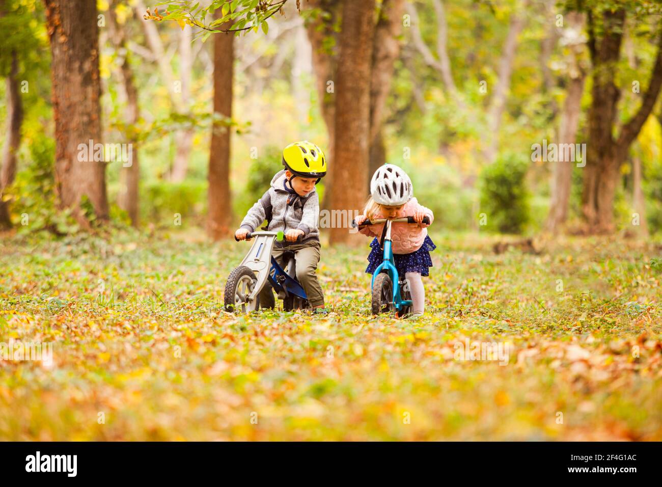Cheerful preschool kids outdoors on balance bikes Stock Photo Alamy