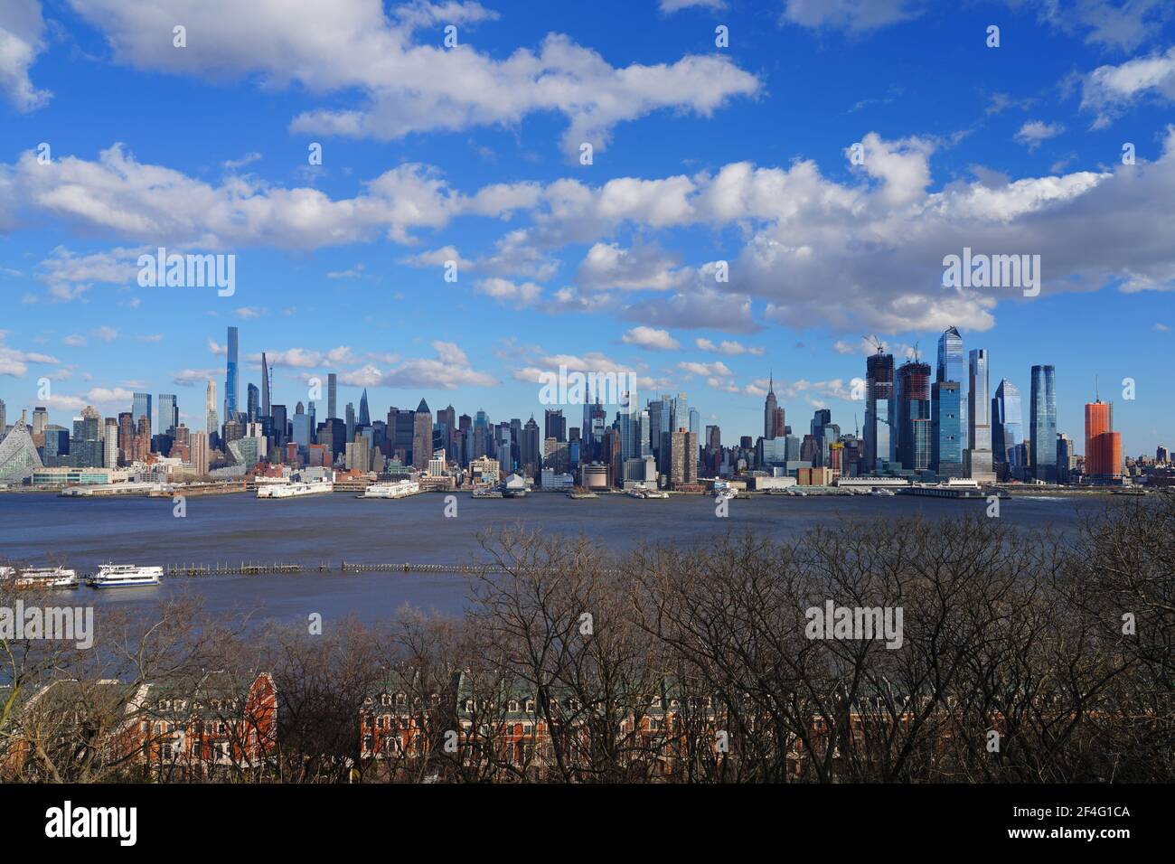 WEEHAWKEN, NJ -14 MAR 2021- View of the Hudson Yards waterfront skyline in Manhattan, New York 