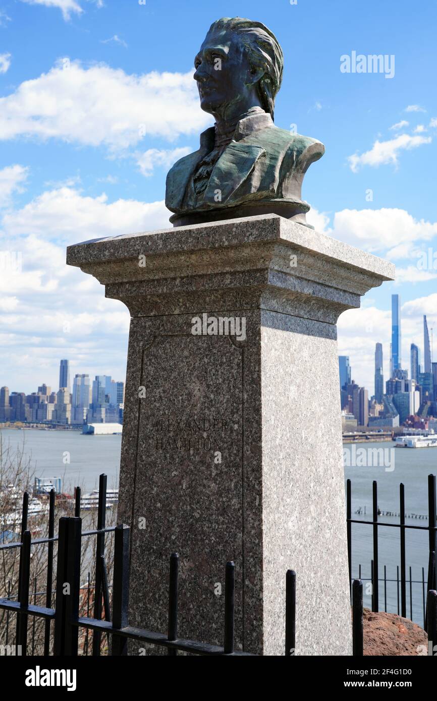 WEEHAWKEN, NJ -14 MAR 2021- View of a bust statue of Alexander Hamilton at the Weehawken Dueling Grounds where he was shot by Aaron Burr across the Hu Stock Photo