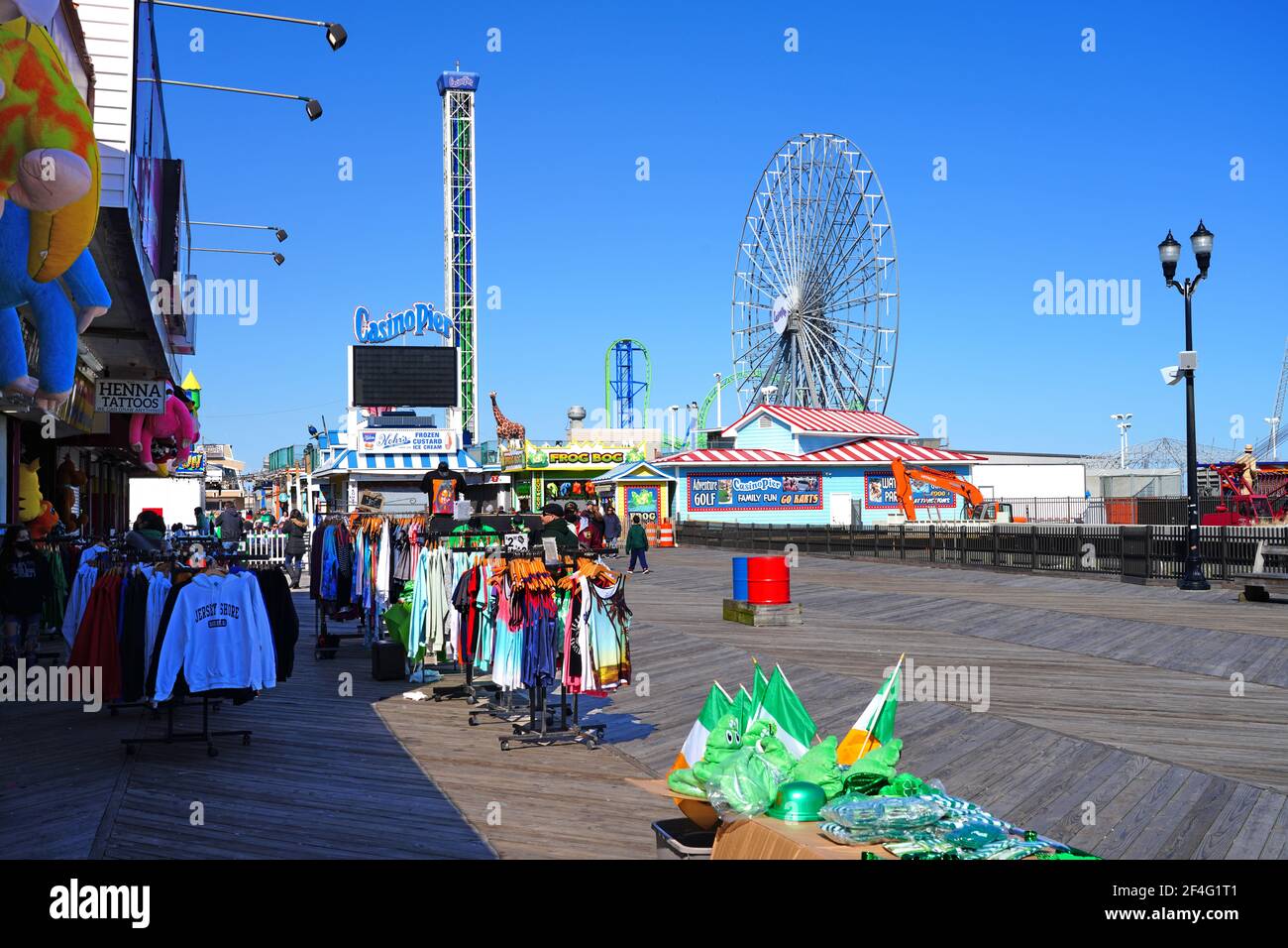 SEASIDE HEIGHTS, NJ -13 MAR 2021- Day view of the landmark beach boardwalk by Casino Pier on the New Jersey Shore, Ocean County, United States. Stock Photo