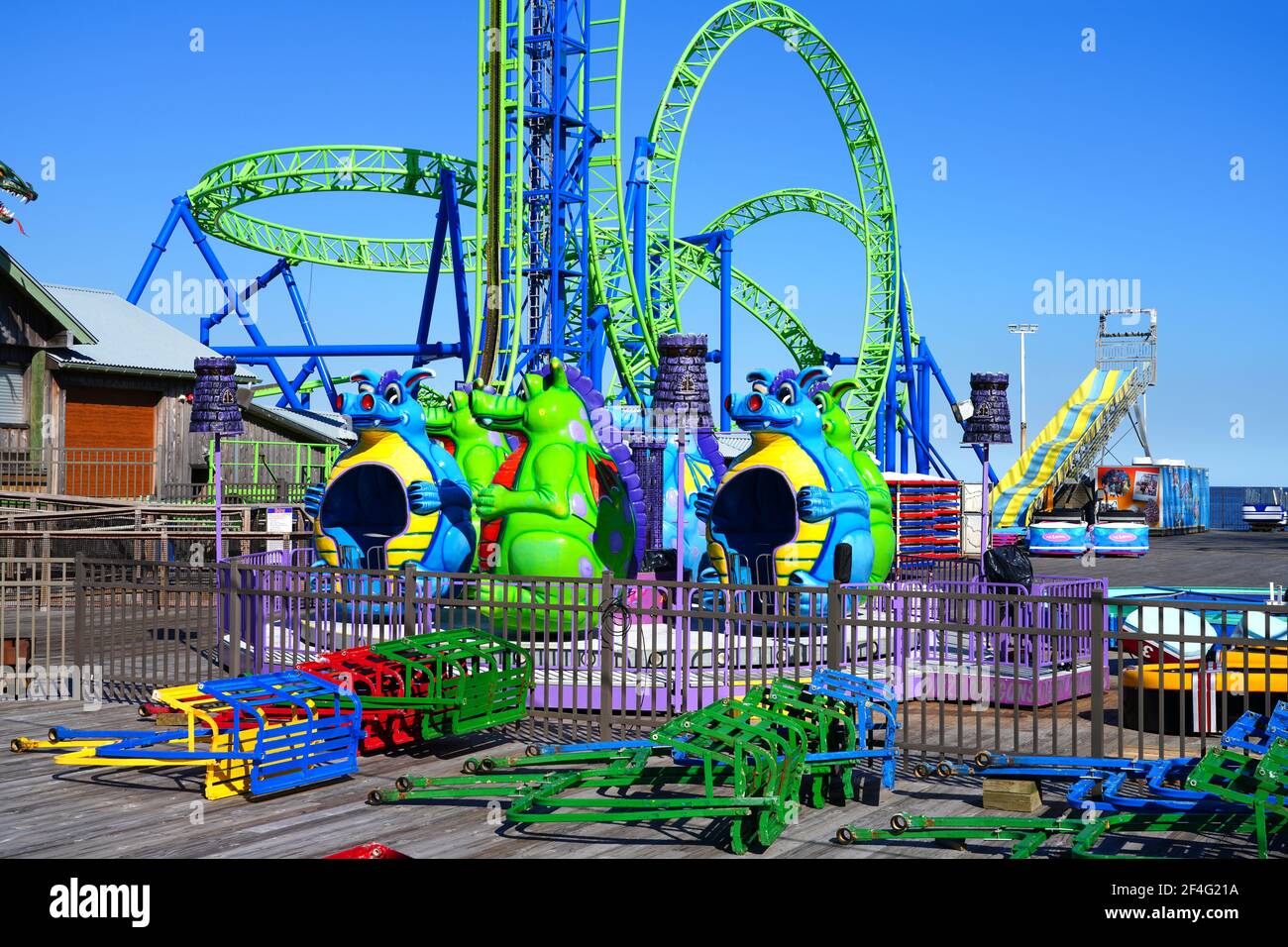 SEASIDE HEIGHTS, NJ -13 MAR 2021- Day view of the landmark beach boardwalk by Casino Pier on the New Jersey Shore, Ocean County, United States. Stock Photo