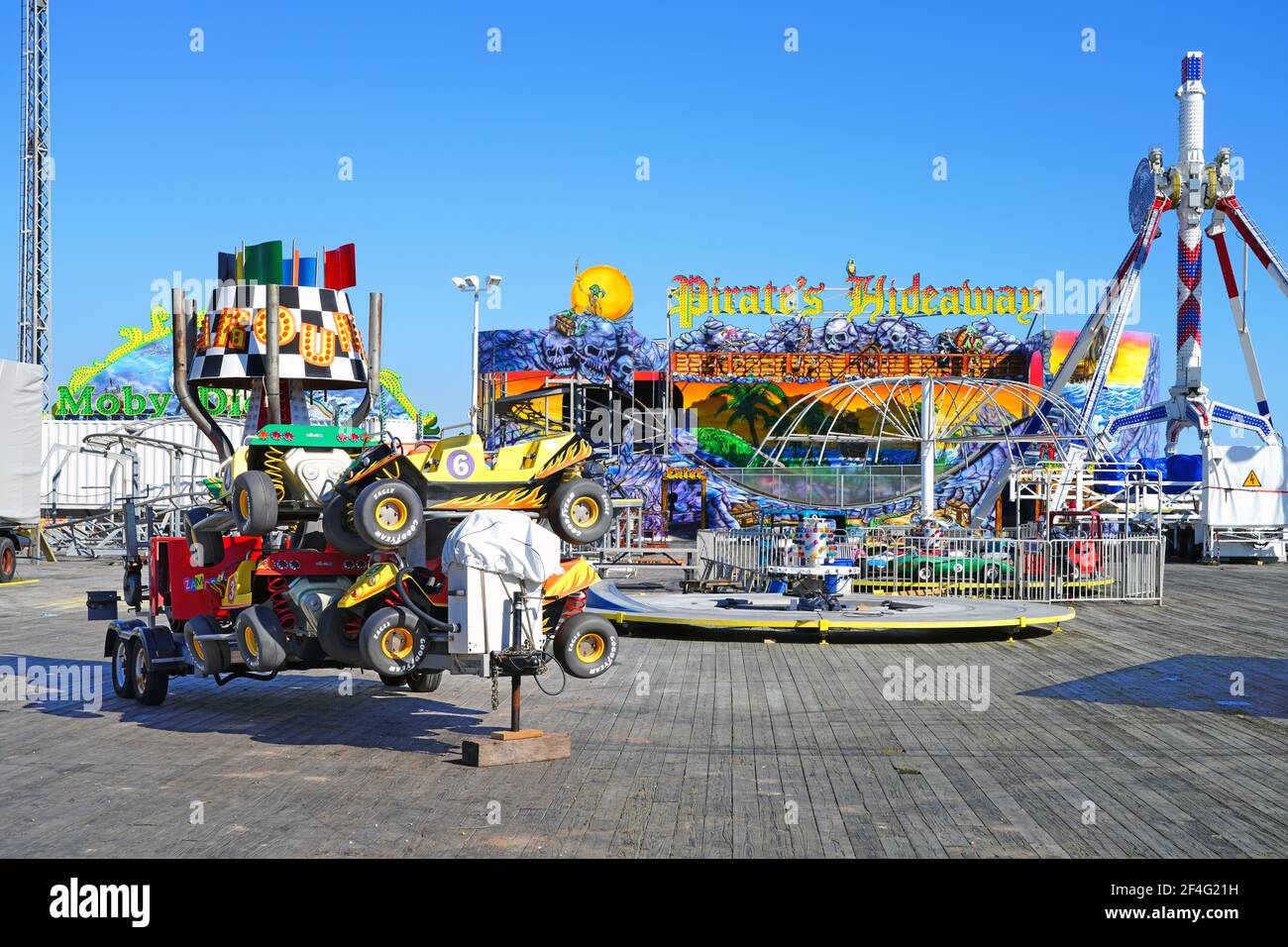 SEASIDE HEIGHTS, NJ -13 MAR 2021- Day view of the landmark beach boardwalk by Casino Pier on the New Jersey Shore, Ocean County, United States. Stock Photo