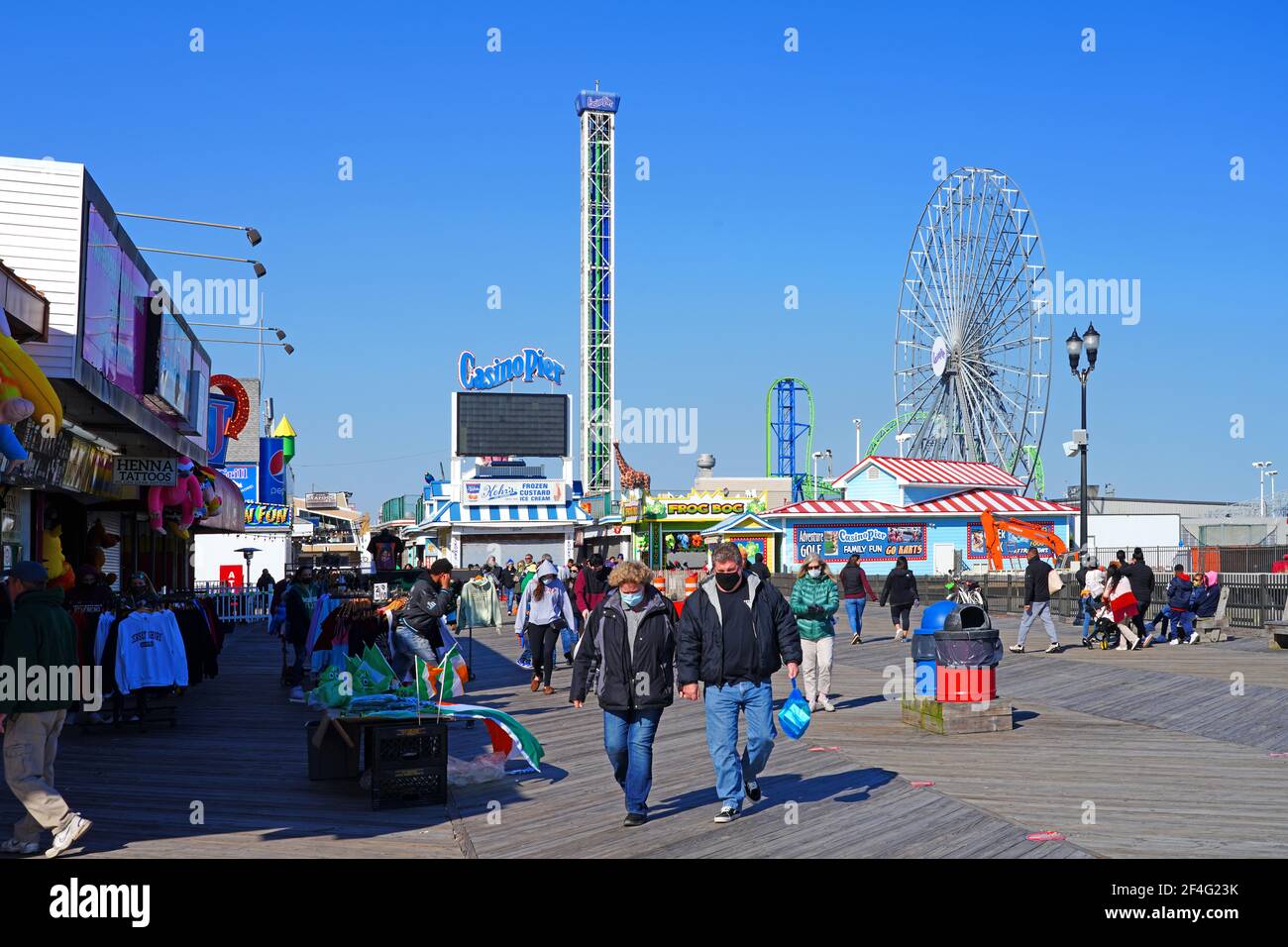 SEASIDE HEIGHTS, NJ -13 MAR 2021- Day view of the landmark beach boardwalk by Casino Pier on the New Jersey Shore, Ocean County, United States. Stock Photo
