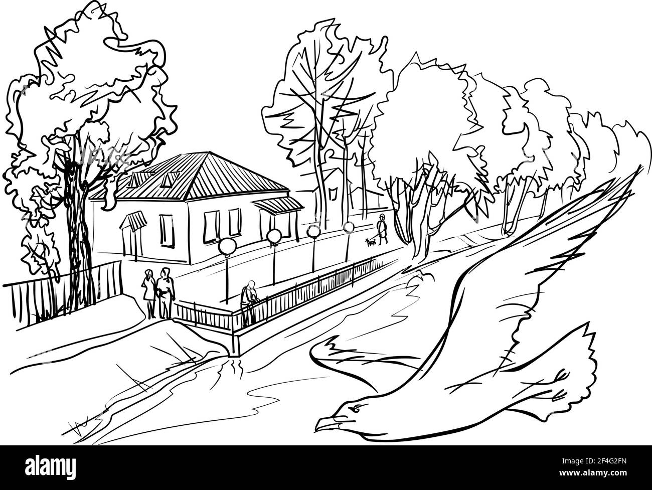 Town embankment on a summer day. In the foreground, a seagull is flying over the water. Monochrome line graphics by pen. Stock Vector