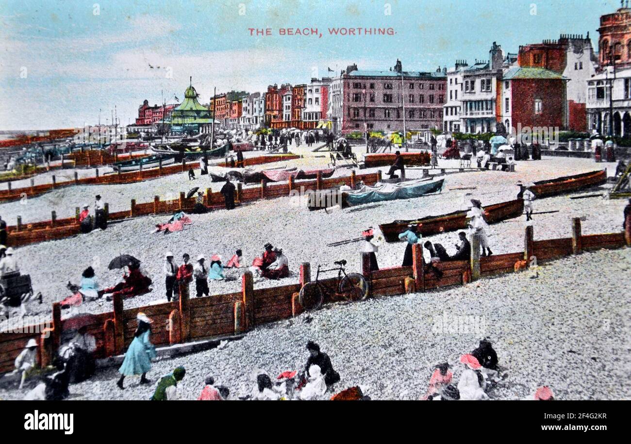 The Beach, Worthing, West Sussex, England, United Kingdom. Antique postcard. Posted 1909. Stock Photo