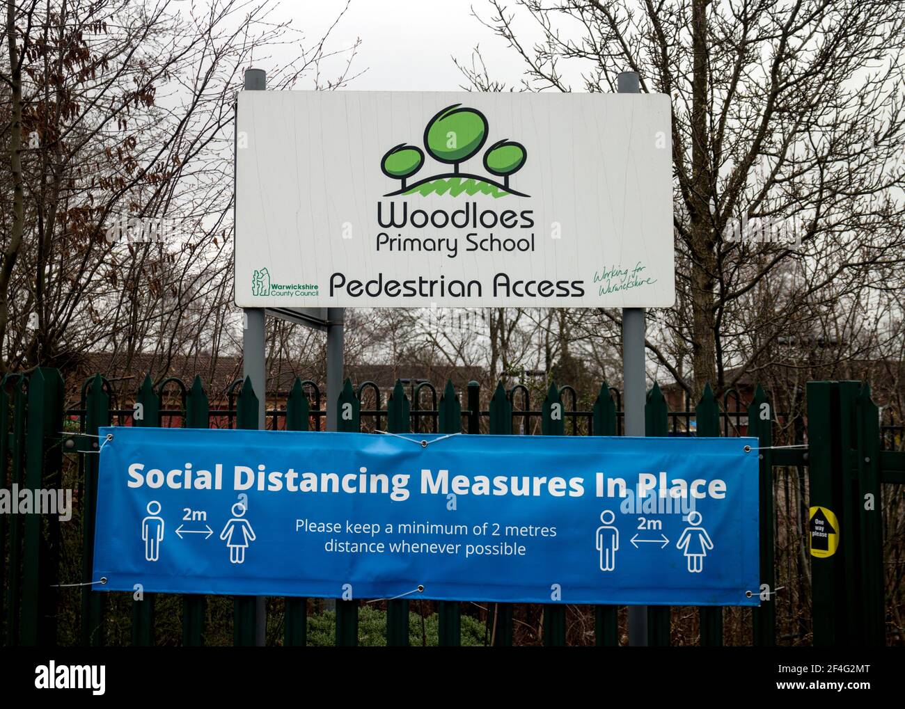Primary school social distancing banner, Warwick, UK. March 2021. Stock Photo